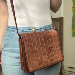 Vintage Brown Genuine Suede Leather Square Crossbody Bag Purse Retro Clinique